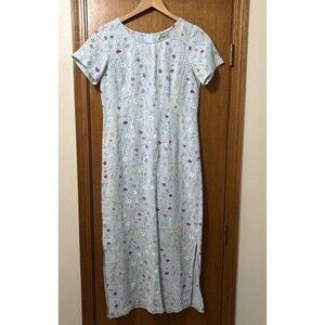 Vintage Carol Anderson California Dress Sz 6 Linen Blend Floral Blue 80s 90s